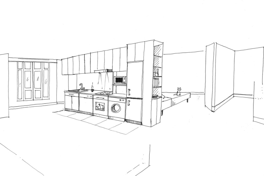 croquis, Aménagement total de l’appartement. Reconfiguration des espaces cuisine/buanderie, salon et salle de bain. Conception des mobiliers. Suivi de fabrication et suivi des travaux. Surface : 50 m2
