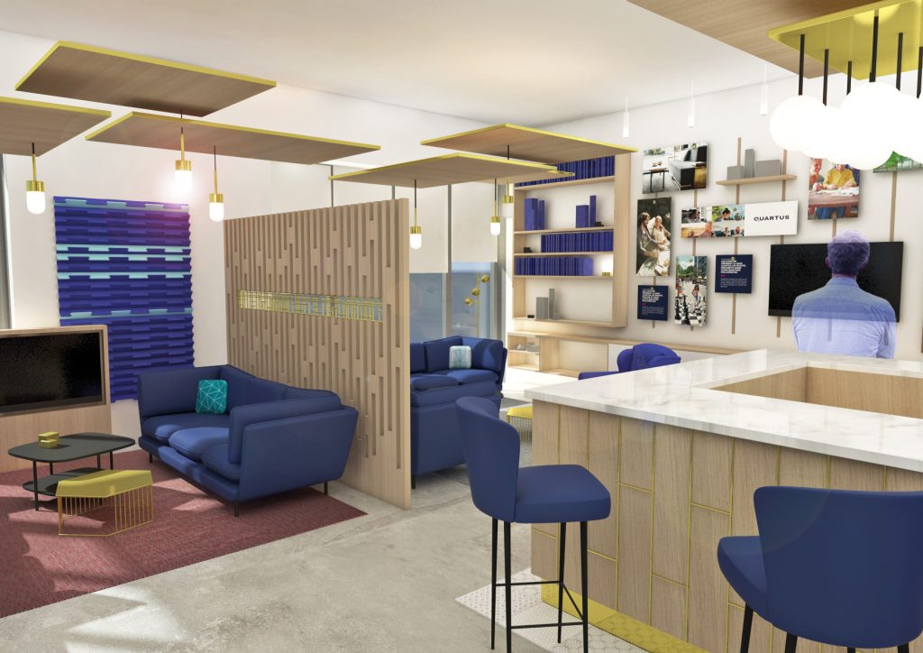Projet lauréat avec agence Havas du showroom Quartus à Nantes. Il devait accueillir de futurs clients afin d'acquérir un appartement. Showroom composé d'un espace bar, deux coins salon réception, un espace matériaux et la "cabane" un espace isolé. 
Surface : 200m2