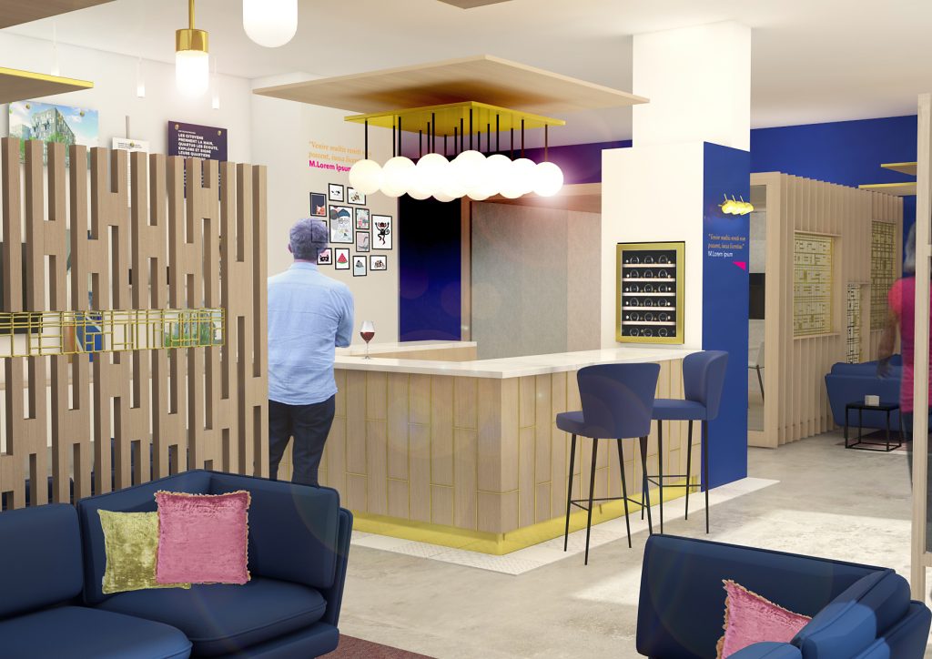 Projet lauréat avec agence Havas du showroom Quartus à Nantes. Il devait accueillir de futurs clients afin d'acquérir un appartement. Showroom composé d'un espace bar, deux coins salon réception, un espace matériaux et la "cabane" un espace isolé. 
Surface : 200m2