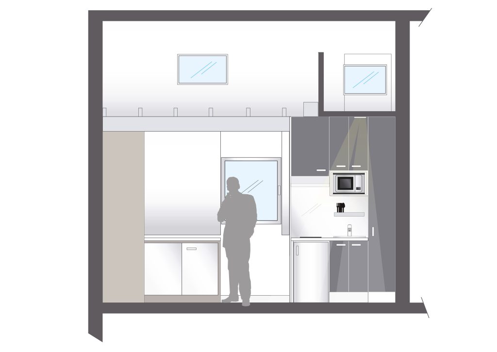 Nouvel agencement de l’appartement avec ouverture du plafond et création d’un espace de bain non existant à l’origine. Remaniement des espaces, dessin des mobiliers sur mesure, matériaux et suivi des réalisations. Appartement, 18 m2. Photographies : Claude Lecante