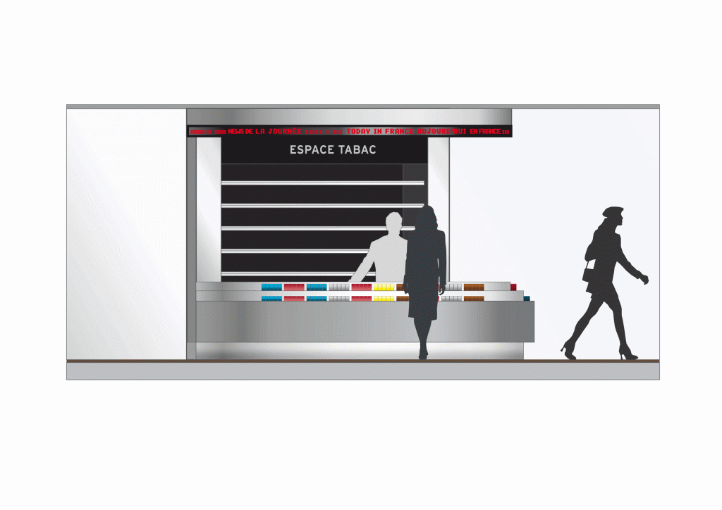 Design du bar Publicis Drugstore réalisé en Corian, il est situé Avenue des Champs-Élysées à Paris. Création de Claude Lecante designer à Paris.