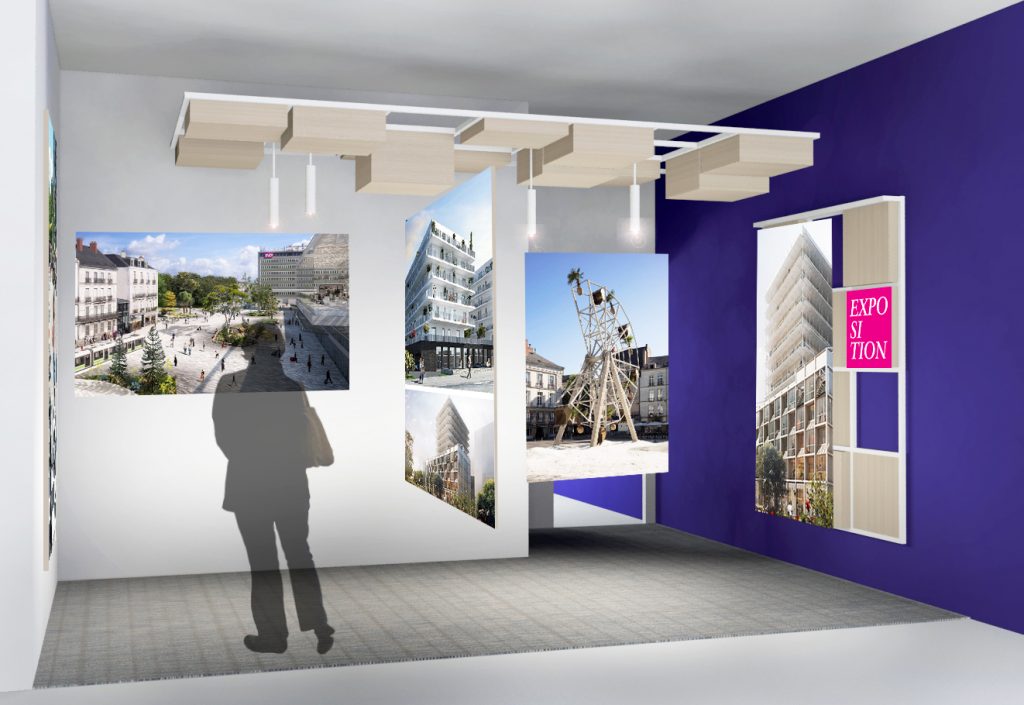 Projet lauréat avec agence Havas du showroom Quartus à Nantes. Il devait accueillir de futurs clients afin d'acquérir un appartement. Showroom composé d'un espace bar, deux coins salon réception, un espace matériaux et la "cabane" un espace isolé. 
Surface : 200m2