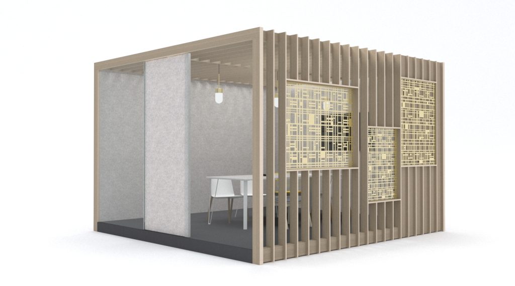 Projet lauréat avec agence Havas du showroom Quartus à Nantes. Il devait accueillir de futurs clients afin d'acquérir un appartement. Showroom composé d'un espace bar, deux coins salon réception, un espace matériaux et la "cabane" un espace isolé. 
Surface : 200m2