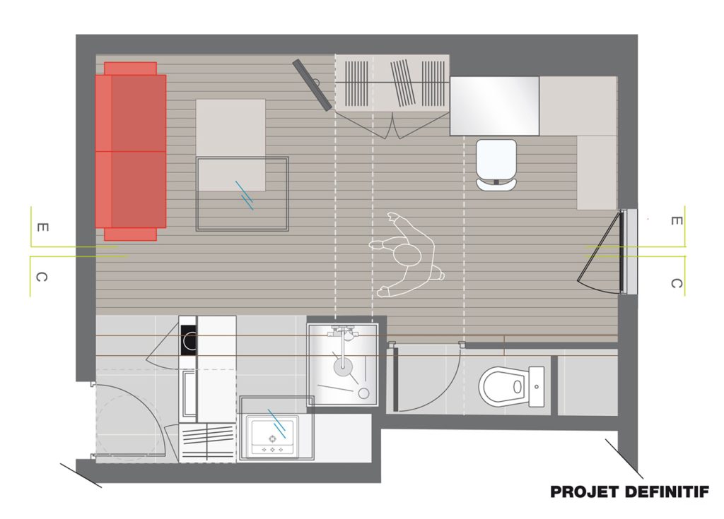 Nouvel agencement de l’appartement avec ouverture du plafond et création d’un espace de bain non existant à l’origine. Remaniement des espaces, dessin des mobiliers sur mesure, matériaux et suivi des réalisations. Appartement, 18 m2. Photographies : Claude Lecante