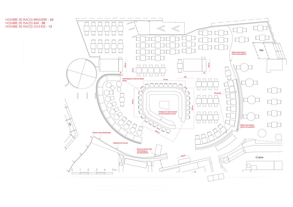Design du bar Publicis Drugstore réalisé en Corian, il est situé Avenue des Champs-Élysées à Paris. Création de Claude Lecante designer à Paris.