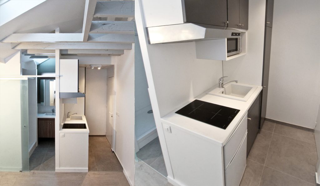 Nouvel agencement de l’appartement avec ouverture du plafond et création d’un espace de bain non existant à l’origine. Remaniement des espaces, dessin des mobiliers sur mesure, matériaux et suivi des réalisations. Appartement, 18 m2. Photographies : Claude Lecante