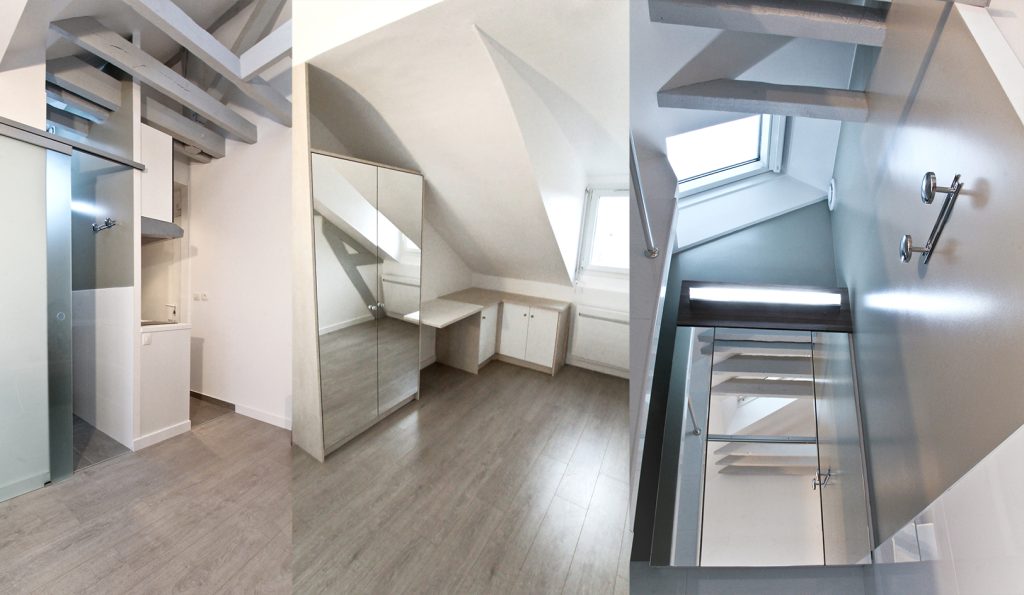 Nouvel agencement de l’appartement avec ouverture du plafond et création d’un espace de bain non existant à l’origine. Remaniement des espaces, dessin des mobiliers sur mesure, matériaux et suivi des réalisations. Appartement, 18 m2. Photographies : Claude Lecante