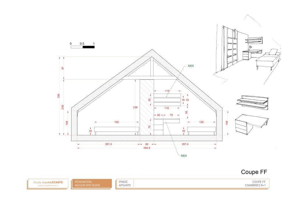 Suite à l’achat d’une maison, rénovation comprenant une étude pour la réalisation de chambres, un espace commun et une salle de bain pour 2 enfants. Réagencement total et design de mobilier paroi permettant la séparation des chambres pouvant être évolutives et réouvrir l’espace dans le futur. Le mobilier dans les chambres et la salle de bain fait intégralement parti du projet du traitement des espaces. design Claude Lecante