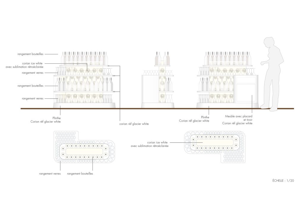 Design du bar Publicis Drugstore réalisé en Corian, il est situé Avenue des Champs-Élysées à Paris. Création de Claude Lecante designer à Paris.
