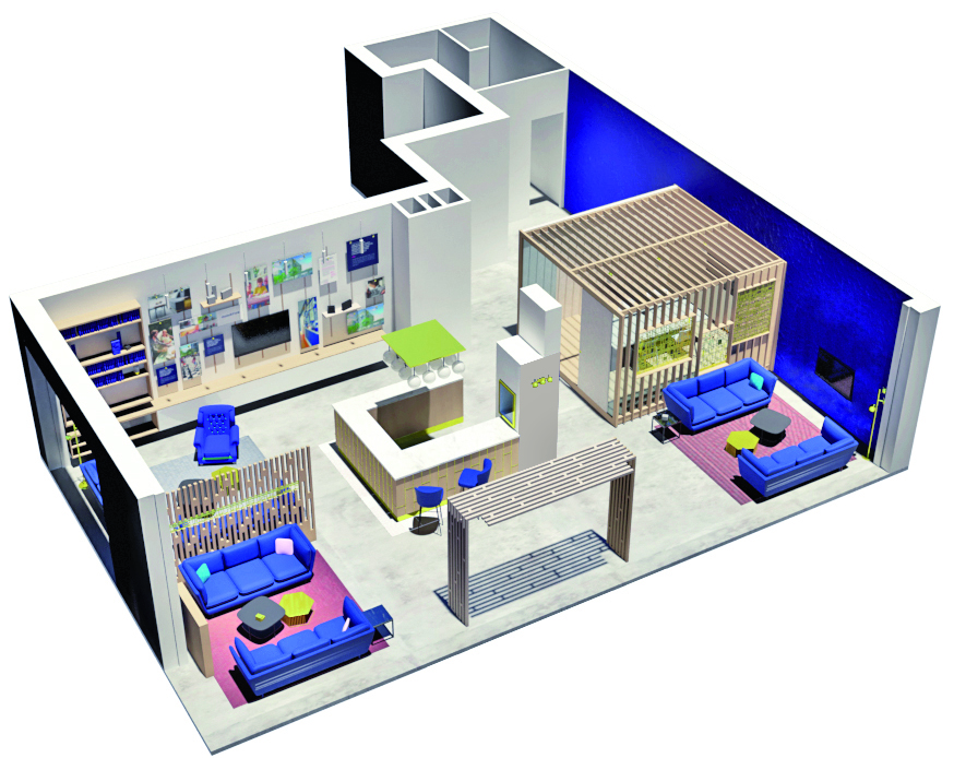 Projet lauréat avec agence Havas du showroom Quartus à Nantes. Il devait accueillir de futurs clients afin d'acquérir un appartement. Showroom composé d'un espace bar, deux coins salon réception, un espace matériaux et la "cabane" un espace isolé. 
Surface : 200m2