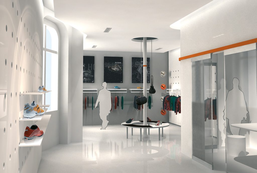 Conception du showroom de la marque Puma à Paris. Création d'espaces selon les collections de la marque Puma, design d'un mur de présentation des collections avec tennis, casquettes et vêtements sur un mur inédit en Corian. Design de tous les supports en Corian. Conception d'un lieu pour la arque Puma Nuela avec une ambiance plus sobre. Conception et design des mobiliers et objets par Claude Lecante. #puma @puma @lecante @showroom puma