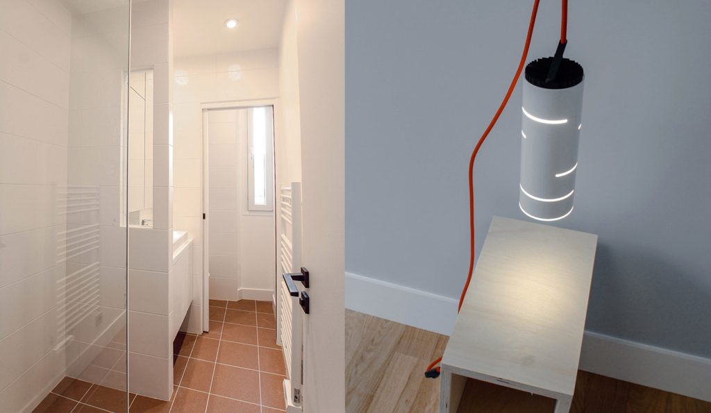 Aménagement total de l’appartement. Reconfiguration des espaces cuisine/buanderie, salon et salle de bain. Conception des mobiliers. Suivi de fabrication et suivi des travaux. Surface : 50 m2 photo : clecantephotography lampe Ugarit