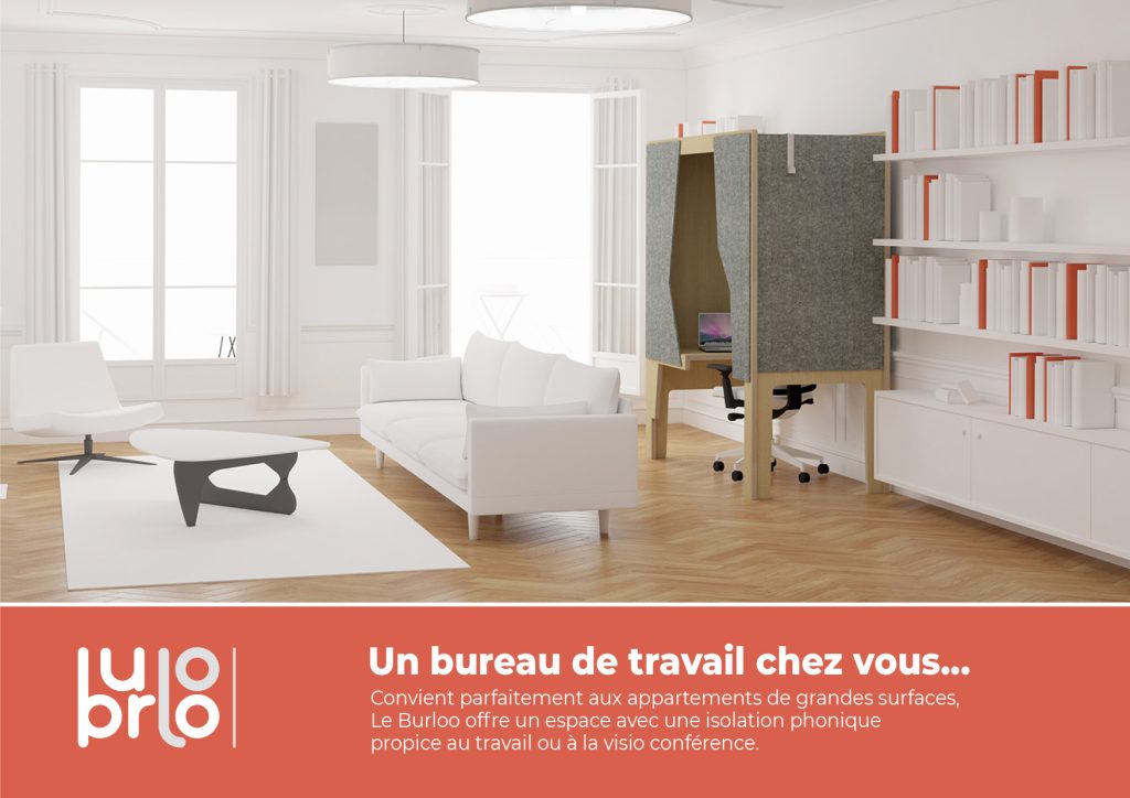 Burloo, un bureau permettant d'être isolé pour travailler dans un open space ou en télétravail. Conception et design de Claude Lecante. Il existe en deux dimensions avec diverses finitions possibles afin de s'intégrer dans un espace privé ou de bureau. #burloo @burloo #designlecante