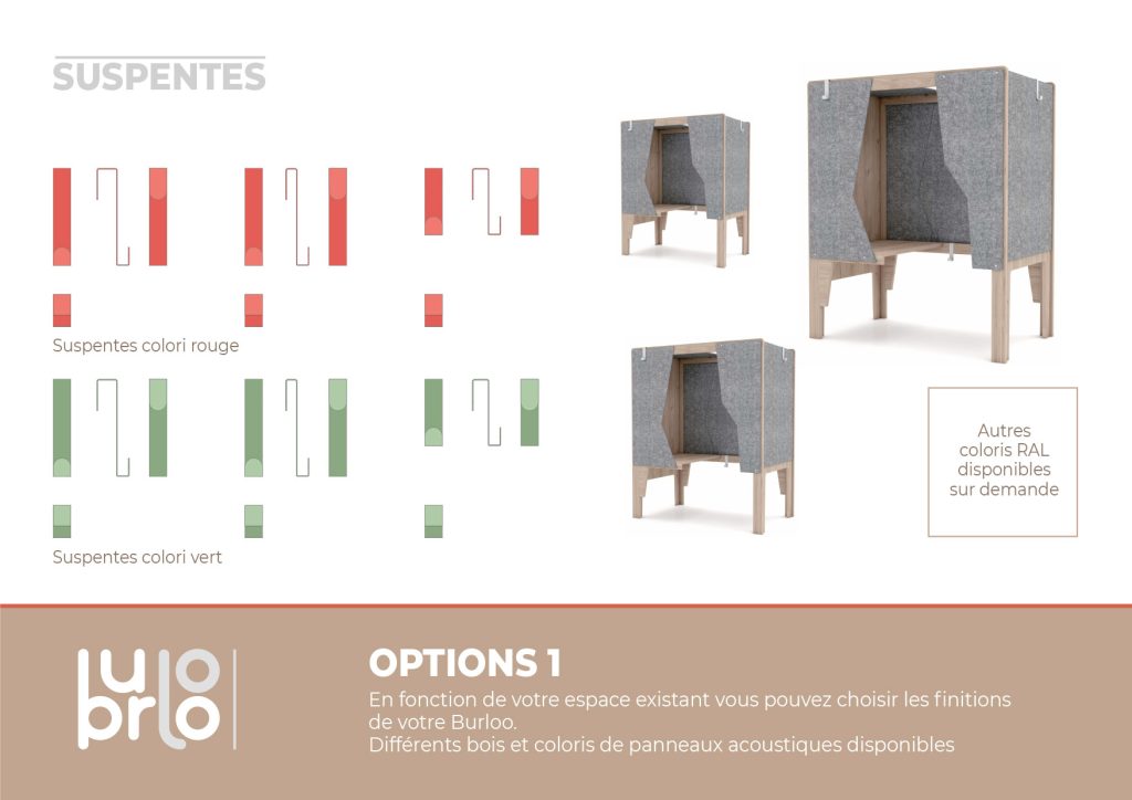 Burloo, un bureau permettant d'être isolé pour travailler dans un open space ou en télétravail. Conception et design de Claude Lecante. Il existe en deux dimensions avec diverses finitions possibles afin de s'intégrer dans un espace privé ou de bureau. #burloo @burloo #designlecante