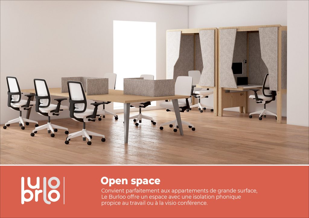 Burloo, un bureau permettant d'être isolé pour travailler dans un open space ou en télétravail. Conception et design de Claude Lecante. Il existe en deux dimensions avec diverses finitions possibles afin de s'intégrer dans un espace privé ou de bureau. #burloo @burloo #designlecante