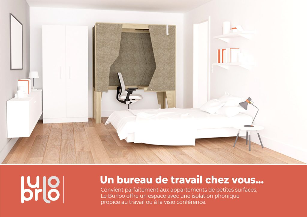 Burloo, un bureau permettant d'être isolé pour travailler dans un open space ou en télétravail. Conception et design de Claude Lecante. Il existe en deux dimensions avec diverses finitions possibles afin de s'intégrer dans un espace privé ou de bureau. #burloo @burloo #designlecante