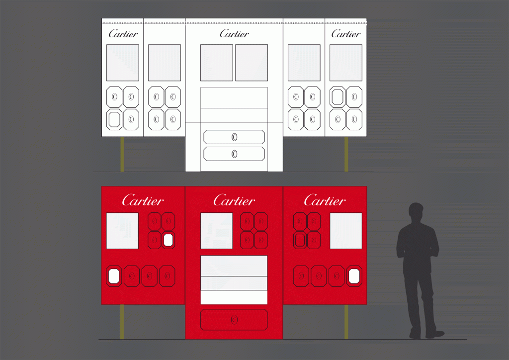 Stand prévu pour les aéroports zone Asie. Conception du mobilier (dessin, plans de fabrication, matériaux). Collaboration avec Clémence Farrell, commande de l’agence Hmm !! Non réalisé. Illustrations : Claude Lecante
