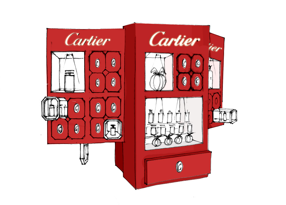 Stand prévu pour les aéroports zone Asie. Conception du mobilier (dessin, plans de fabrication, matériaux). Collaboration avec Clémence Farrell, commande de l’agence Hmm !! Non réalisé. Illustrations : Claude Lecante