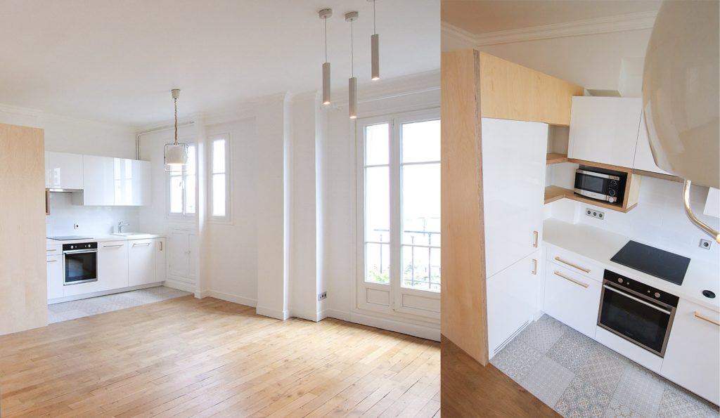 Rénovation totale d'un appartement à Paris 20 par le studio Claude Lecante. Reprise et réorganisation des espaces, design des mobiliers et de la cuisine fabriquée sur mesure. Suivi de chantier et des fabrications. Design de la cuisine en Corian et meubles Claude Lecante #architecture #claudelecante @architecture @paris20 #renovationparis20 @designmobilier