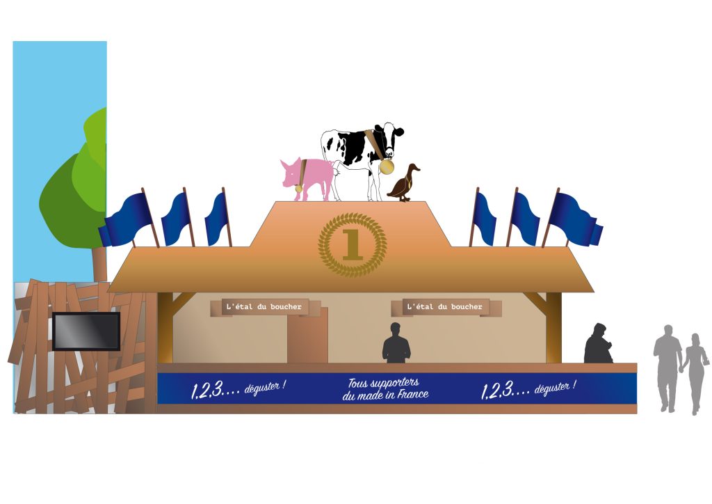 Conception de la scénographie pour Hopscotch de 2 stands pour Lidl au Salon de l'Agriculture de Paris. Le premier d'une surface de 300 m2 situé dans le hall 1 montrant les produits de la viande et du lait. Le second de 180 m2 dédié aux vins, fruits et légumes. La scénographie des stands est basé sur la thématique fournie qui est "Tous supporters du made in France". D'où le concept de "fermes" supportrices mêlant écharpes, médailles et podiums. Collaboration avec l'agence Hopscotch. Photos : Claude Lecante
