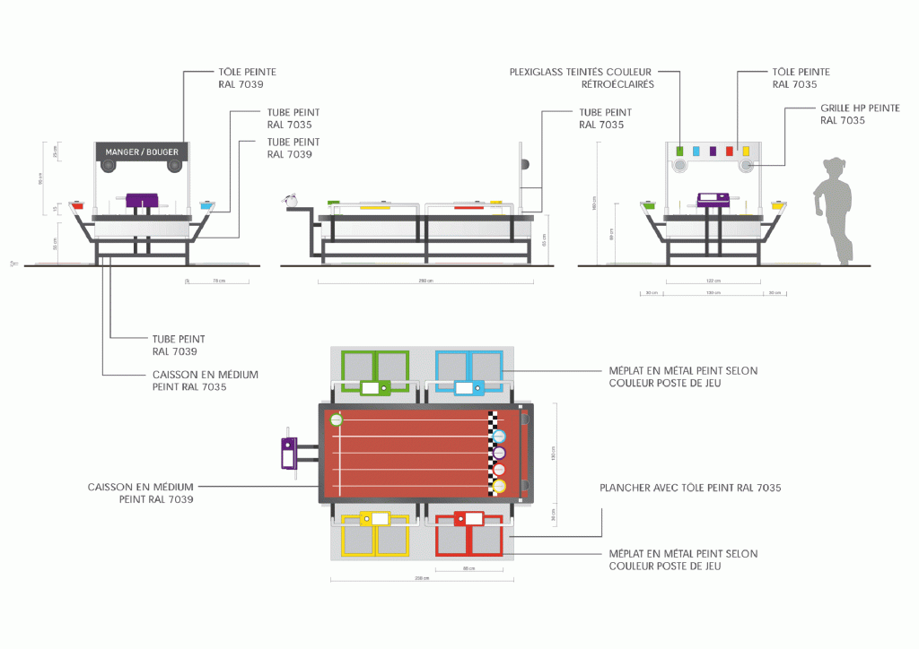 Design de 30 mobiliers différents pour l’exposition. La version itinérante a été présentée en France, Belgique, Suisse, Norvège, Finlande, Koweit, Mexique, Portugual, etc. Conception du design, plans et suivi de fabrication. Graphisme de certaines manips. Collaboration avec Clémence Farrell et Paul Viala. Scénographie : Franck Houndégla / Graphisme : Fabien Hahusseau exhibition for children entertainment Claude Lecante