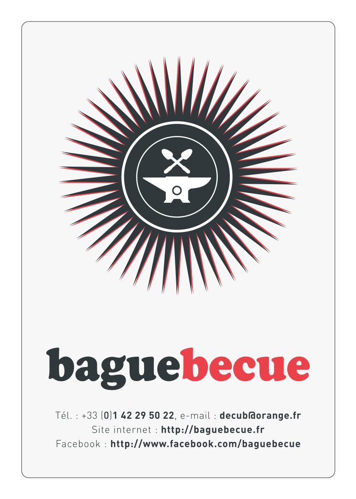 Création de la charte graphique pour la marque 
de bijoux Baguebecue.
Bijoux pour hommes et femmes, principalement des collections 
de bagues réalisées en inox issus de couverts de la table.
Mise en œuvre de la communication, réalisation des photographies 
servant aux brochures et au site internet.
http://www.baguebecue.com
