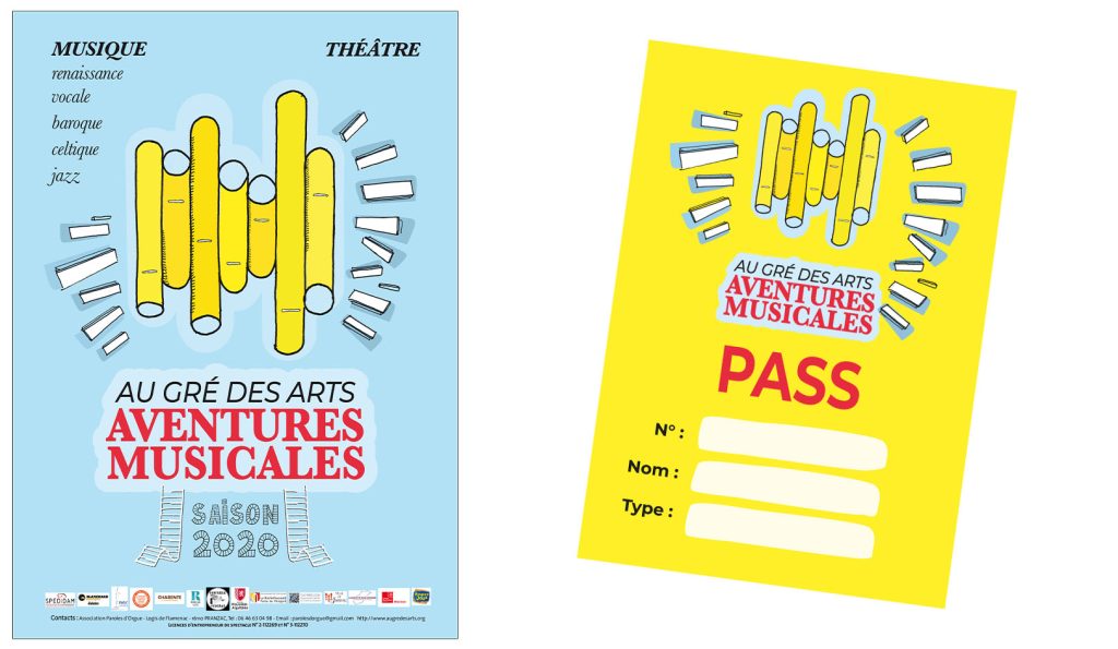 Création de la charte graphique de la saison 2019 ET 2020 « Au gré des arts, aventures musicales ». Concerts de musique baroque en région Nouvelle-Aquitaine. Conception et réalisation graphique des affiches, brochures et dépliants. Réalisations de l’ensemble des illustrations et de la charte couleur. Visuels : Claude Lecante