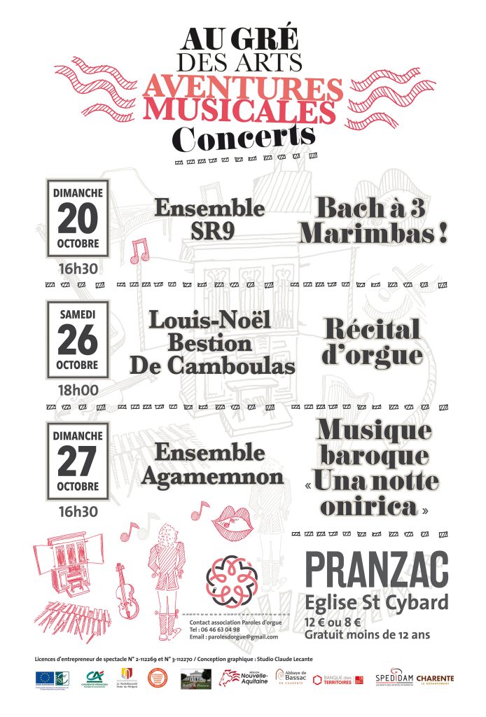 Création de la charte graphique de la saison 2019 ET 2020
« Au gré des arts, aventures musicales ».
Concerts de musique baroque en région Nouvelle-Aquitaine.
Conception et réalisation graphique des affiches, brochures 
et dépliants. Réalisations de l’ensemble des illustrations 
et de la charte couleur.
Visuels : Claude Lecante
