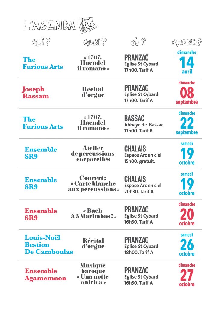 Création de la charte graphique de la saison 2019 ET 2020 « Au gré des arts, aventures musicales ». Concerts de musique baroque en région Nouvelle-Aquitaine. Conception et réalisation graphique des affiches, brochures et dépliants. Réalisations de l’ensemble des illustrations et de la charte couleur. Visuels : Claude Lecante