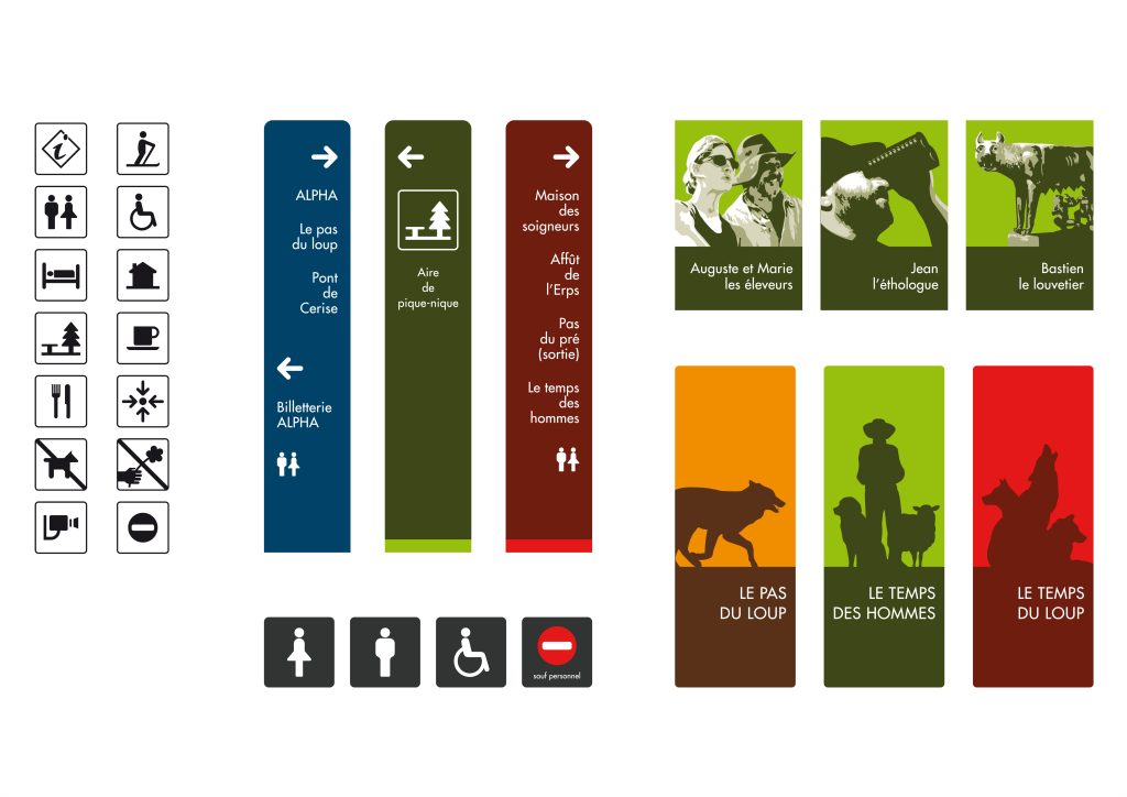Programmation et implantation signalétique. Conception graphique et design de l’ensemble des mobiliers du scénoparc. Création de la gamme de mobilier signalétique (panneaux routiers, de localisation et directionnels...) Panneaux en aluminium sérigraphiés montés sur support bois pour l’extérieur et en corian sublimé pour l’intérieur. Graphisme en collaboration avec Artkas #saint_martin_de_vesubie #letempsduloup #lecanteclaude