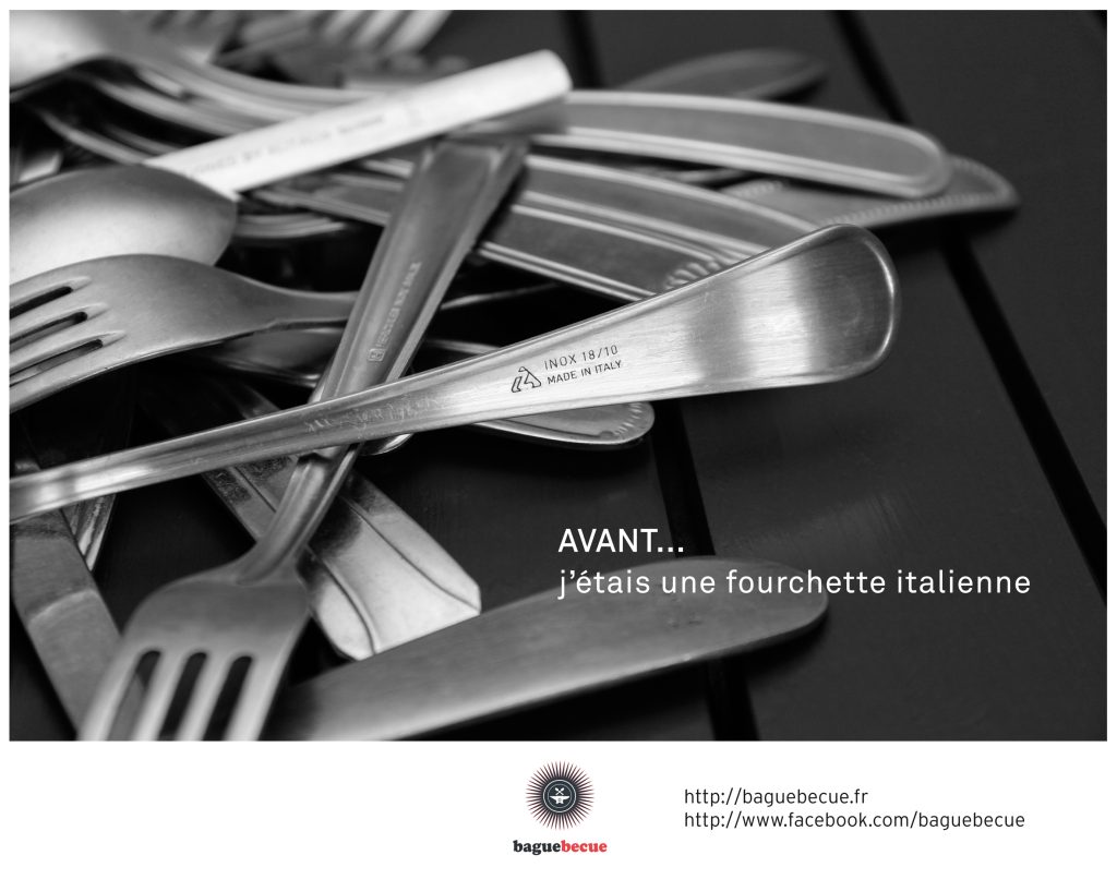 Création de la charte graphique pour la marque de bijoux Baguebecue. Bijoux pour hommes et femmes, principalement des collections de bagues réalisées en inox issus de couverts de la table. Mise en œuvre de la communication, réalisation des photographies servant aux brochures et au site internet. http://www.baguebecue.com