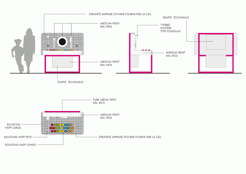 Design de 30 mobiliers différents pour l’exposition. La version itinérante a été présentée en France, Belgique, Suisse, Norvège, Finlande, Koweit, Mexique, Portugual, etc. Conception du design, plans et suivi de fabrication. Graphisme de certaines manips. Collaboration avec Clémence Farrell et Paul Viala. Scénographie : Franck Houndégla / Graphisme : Fabien Hahusseau exhibition for children entertainment Claude Lecante