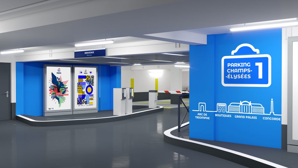 Pour la société Indigo Park, suite à un travail amenant à renommer des parkings, création de pictogrammes permettant de distinguer les 2 espaces. Réalisation de frises graphiques venant à la fois animer les parkings et localiser les sorties desservies. #indigopark #parkdesign #parkwayfinding #parkingsignage @paris @champs-elysees