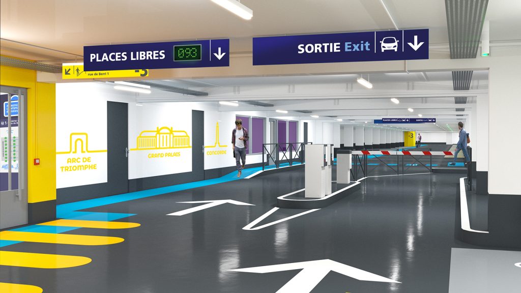 Pour la société Indigo Park, suite à un travail amenant à renommer des parkings, création de pictogrammes permettant de distinguer les 2 espaces. Réalisation de frises graphiques venant à la fois animer les parkings et localiser les sorties desservies. #indigopark #parkdesign #parkwayfinding #parkingsignage @paris @champs-elysees