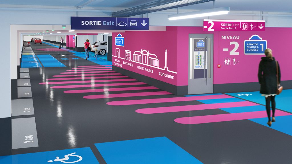 Pour la société Indigo Park, suite à un travail amenant à renommer des parkings, création de pictogrammes permettant de distinguer les 2 espaces. Réalisation de frises graphiques venant à la fois animer les parkings et localiser les sorties desservies. #indigopark #parkdesign #parkwayfinding #parkingsignage @paris @champs-elysees