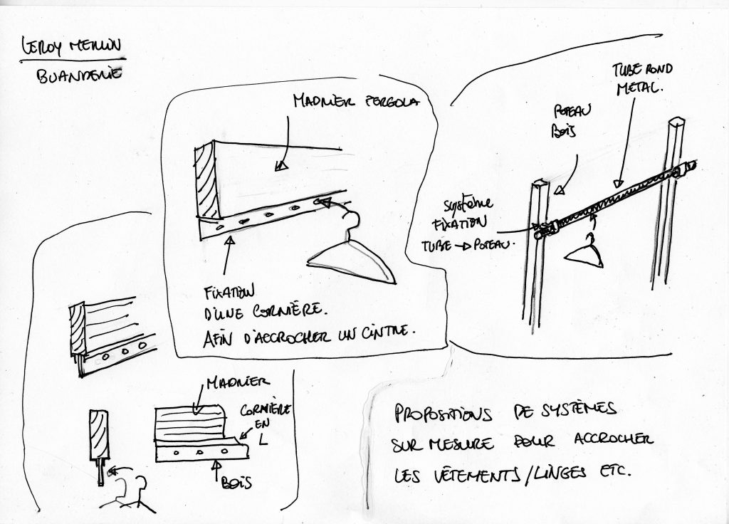 Leroy_merlin_buanderie Pour le catalogue et/ou le site internet de Leroy Merlin, dans le cadre des «cahiers d’idées» propositions d’aménagement et d’astuces de construction. D’après un briefing avec cible fournie, rendu de différents concept pour validation. Puis conception des espaces et design des mobiliers avec comme contrainte l’utilisation des matériaux vendus chez Leroy Merlin. Conception, design et ambiance, plans de fabrication du décor pour la future réalisation des photographies servant au catalogue. design : Claude Lecante #leroymerlin @leroymerlin @claudelecante