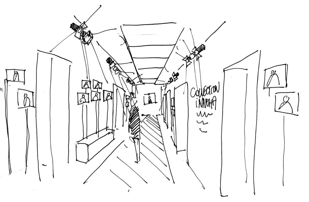 Pour une société de consultants située près des Champs-Élysées, 
scénographie dans le couloir principal des bureaux afin
de personnaliser les lieux de manière ludique.
Proposition d’un aménagement suggérant un défilé de mode.
Créer un intéractivité entre le déplacement du personnel et
le lieu qui installe un jeu et casse la sérénité ambiante.