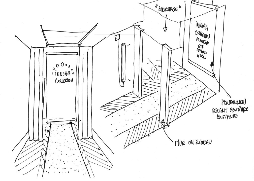 Pour une société de consultants située près des Champs-Élysées, scénographie dans le couloir principal des bureaux afin de personnaliser les lieux de manière ludique. Proposition d’un aménagement suggérant un défilé de mode. Créer un intéractivité entre le déplacement du personnel et le lieu qui installe un jeu et casse la sérénité ambiante.