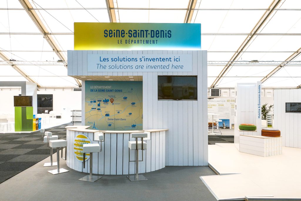Stand du Conseil de la Seine Saint-Denis pour la Cop 21.
Conception de la scénographie. 
Réalisation des plans de principe et suivi de fabrication. 
Surface : 60 m2
Collaboration avec l'agence Saisons
Graphisme : Saisons

Photos : Claude Lecante