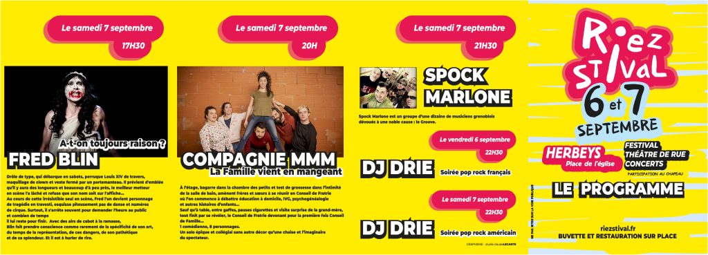 Création de la ligne graphique du festival de théâtre de rue Riezstival qui se déroule à Herbeys près de Grenoble. Design de l’affiche, flyers, le programme et campagne publicitaire en 2024 et 2025. Réalisation des fichiers d’éxécution graphique. Le festival a reçu en spectacle Fred Blin, Patrick De Valette, No Coffe for the Queen, More Aura, Dis bonjour à la Dame etc. #grenoble #herbeys #graphisme #affiche_design #fredBlin #fred_blin @fedblin @moreaura @designgraphique #theatrederue #theatre_de_rue #graphisme_lecante