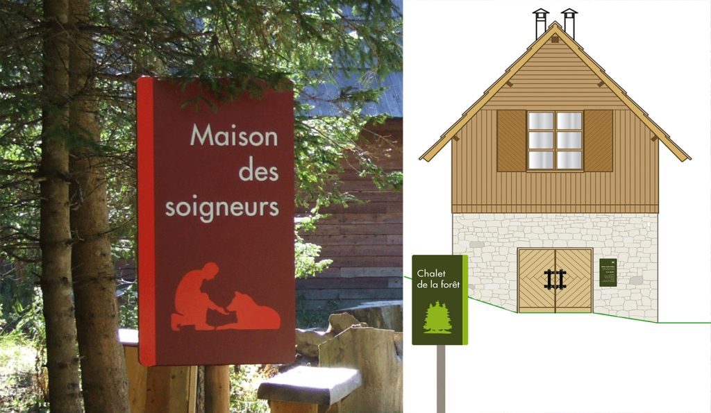 Programmation et implantation signalétique.
Conception graphique et design de l’ensemble des mobiliers 
du scénoparc. 
Création de la gamme de mobilier signalétique 
(panneaux routiers, de localisation et directionnels...) 
Panneaux en aluminium sérigraphiés montés sur support bois 
pour l’extérieur et en corian sublimé pour l’intérieur. 
Graphisme en collaboration avec Artkas #saint_martin_de_vesubie #letempsduloup #lecanteclaude