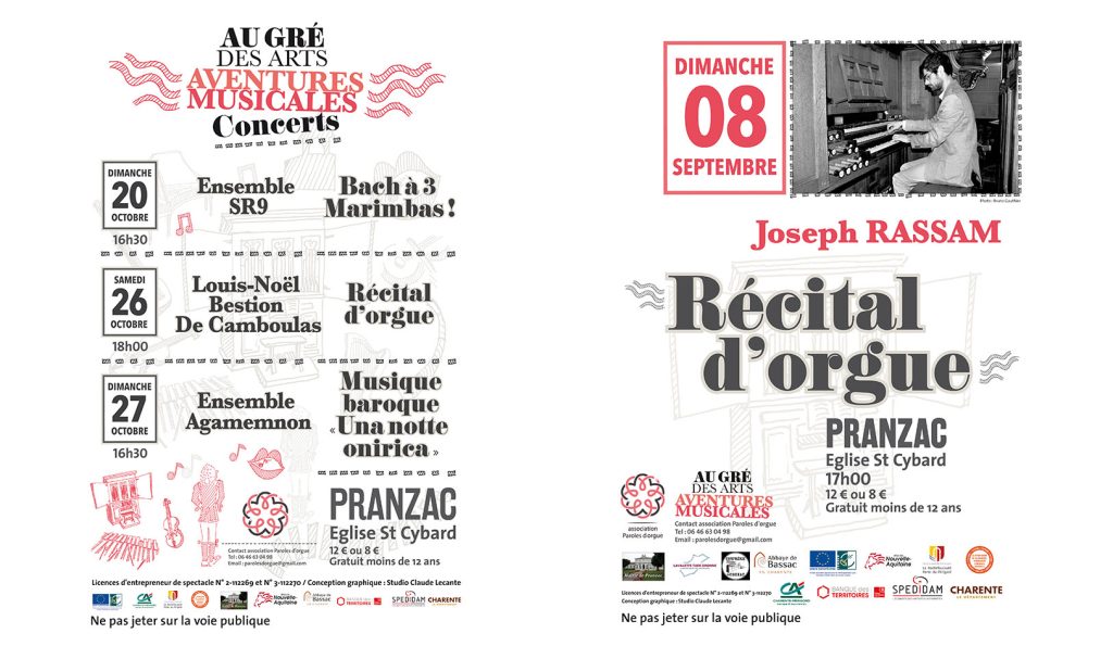Création de la charte graphique de la saison 2019 ET 2020 « Au gré des arts, aventures musicales ». Concerts de musique baroque en région Nouvelle-Aquitaine. Conception et réalisation graphique des affiches, brochures et dépliants. Réalisations de l’ensemble des illustrations et de la charte couleur. Visuels : Claude Lecante