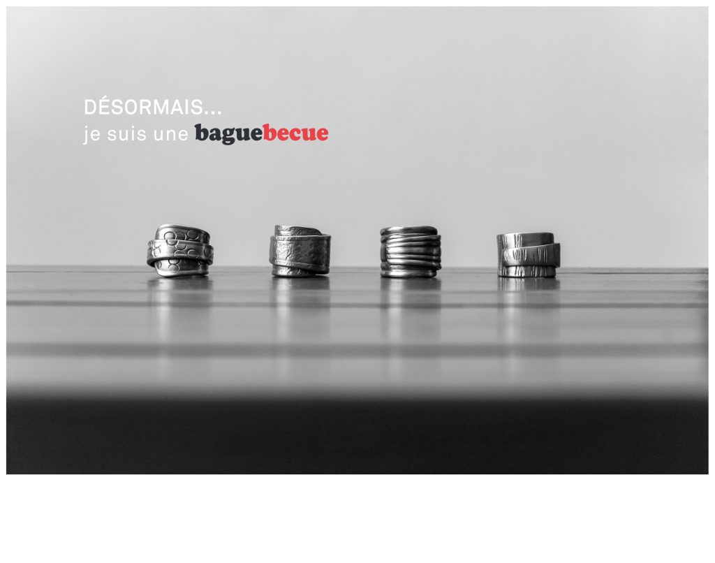 Création de la charte graphique pour la marque de bijoux Baguebecue. Bijoux pour hommes et femmes, principalement des collections de bagues réalisées en inox issus de couverts de la table. Mise en œuvre de la communication, réalisation des photographies servant aux brochures et au site internet. http://www.baguebecue.com