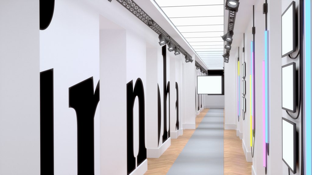 Pour une société de consultants située près des Champs-Élysées, scénographie dans le couloir principal des bureaux afin de personnaliser les lieux de manière ludique. Proposition d’un aménagement suggérant un défilé de mode. Créer un intéractivité entre le déplacement du personnel et le lieu qui installe un jeu et casse la sérénité ambiante.