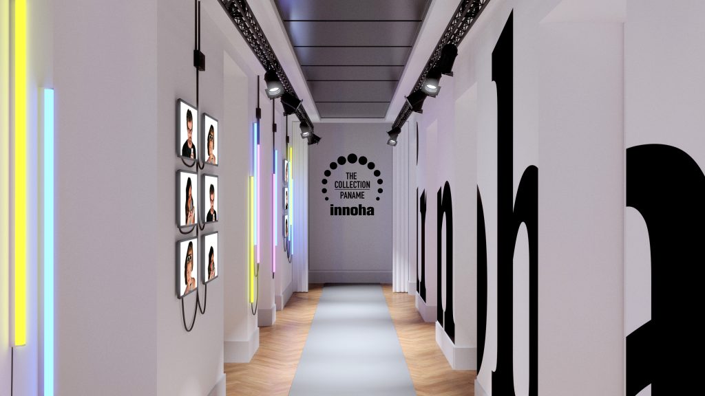 Pour une société de consultants située près des Champs-Élysées, scénographie dans le couloir principal des bureaux afin de personnaliser les lieux de manière ludique. Proposition d’un aménagement suggérant un défilé de mode. Créer un intéractivité entre le déplacement du personnel et le lieu qui installe un jeu et casse la sérénité ambiante.