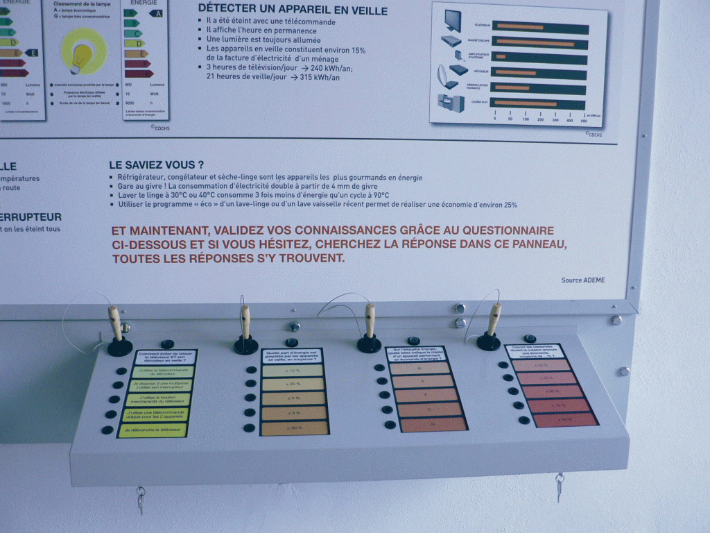 Conception graphique de l’ensemble de la Maison des énergies de Jonzac en Charentes Maritimes. Espace d’information et de pédagogie dédié aux énergies renouvelables. Surface : 300 m2 Scénographie : Clémence Farrell. Textes : Lucette Valentino.