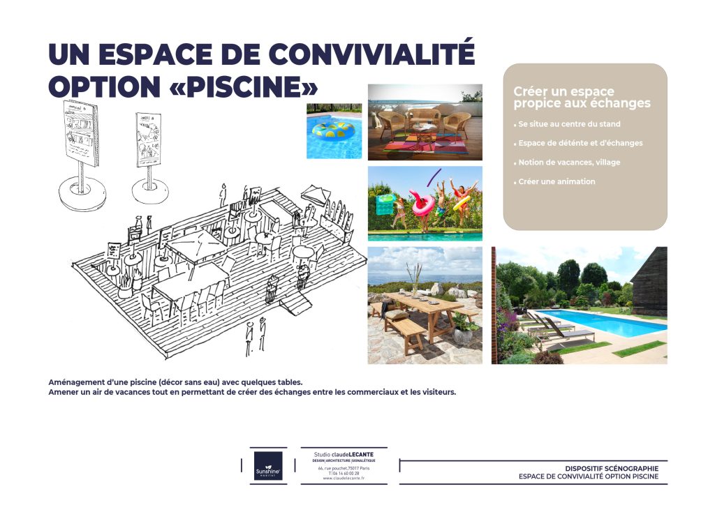Scénographie pour la présentation des produits de Sunshine Habitat lors de salon en indoor ou outdoor. Concept d’une déambulation conçue comme un petit village, installation d’une buvette et d’un boulodrome afin de créer des espaces de rencontres. Arrivée par un petit pont en bois (matériau prédominant chez Sunshine Habitat) qui permet de survolé l’espace et de mettre les visiteurs dans une situation de balade. #sunshinehabitat #scenography #stand #scenographie_lecante