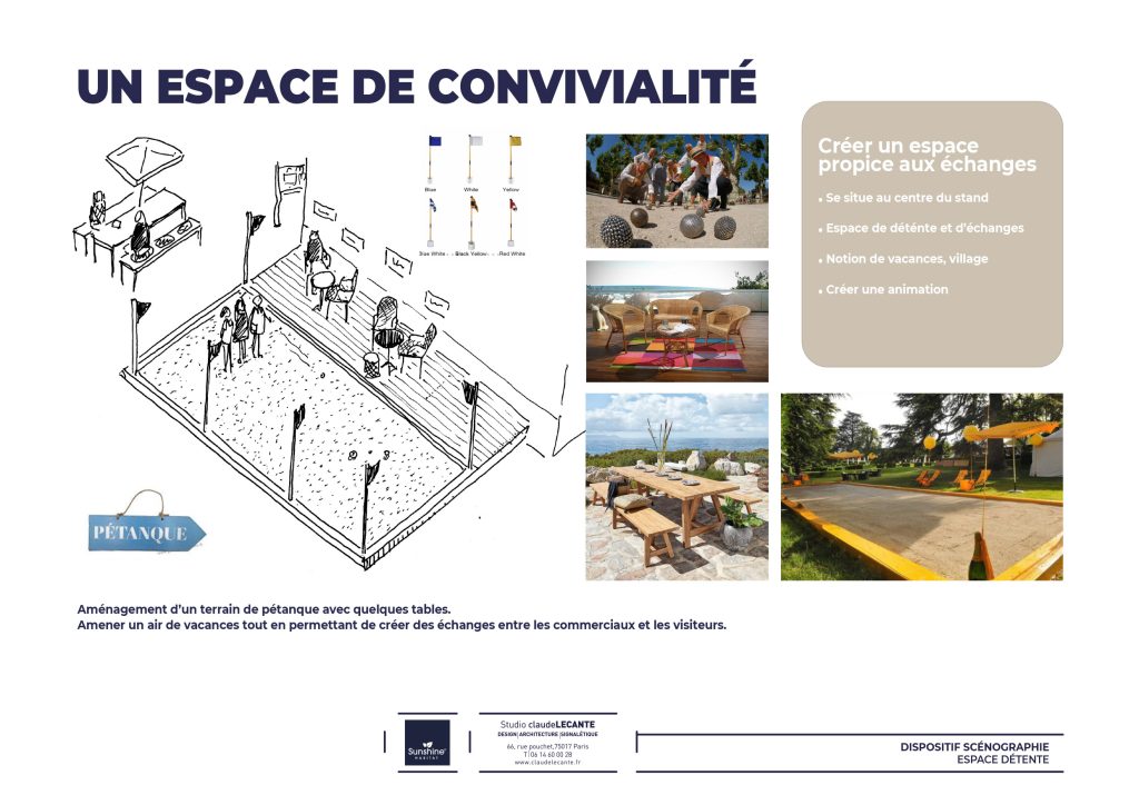 Scénographie pour la présentation des produits de Sunshine Habitat lors de salon en indoor ou outdoor. Concept d’une déambulation conçue comme un petit village, installation d’une buvette et d’un boulodrome afin de créer des espaces de rencontres. Arrivée par un petit pont en bois (matériau prédominant chez Sunshine Habitat) qui permet de survolé l’espace et de mettre les visiteurs dans une situation de balade. #sunshinehabitat #scenography #stand #scenographie_lecante