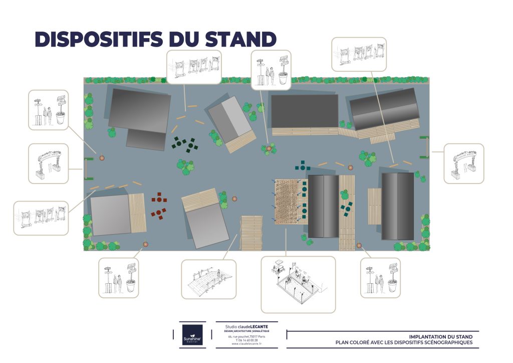 Scénographie pour la présentation des produits de Sunshine Habitat lors de salon en indoor ou outdoor. Concept d’une déambulation conçue comme un petit village, installation d’une buvette et d’un boulodrome afin de créer des espaces de rencontres. Arrivée par un petit pont en bois (matériau prédominant chez Sunshine Habitat) qui permet de survolé l’espace et de mettre les visiteurs dans une situation de balade.