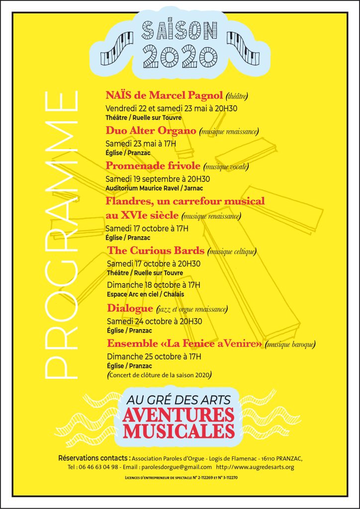 Création de la charte graphique de la saison 2019 ET 2020 « Au gré des arts, aventures musicales ». Concerts de musique baroque en région Nouvelle-Aquitaine. Conception et réalisation graphique des affiches, brochures et dépliants. Réalisations de l’ensemble des illustrations et de la charte couleur. Visuels : Claude Lecante